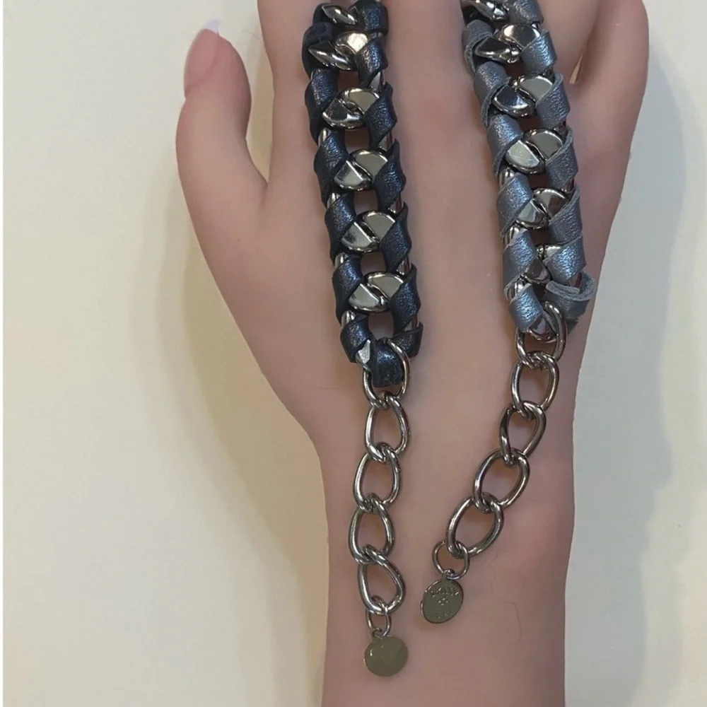 J Elliot MENS set of 2 Silver  Curb Chain Black & Grey Leather Bracelets FIRM